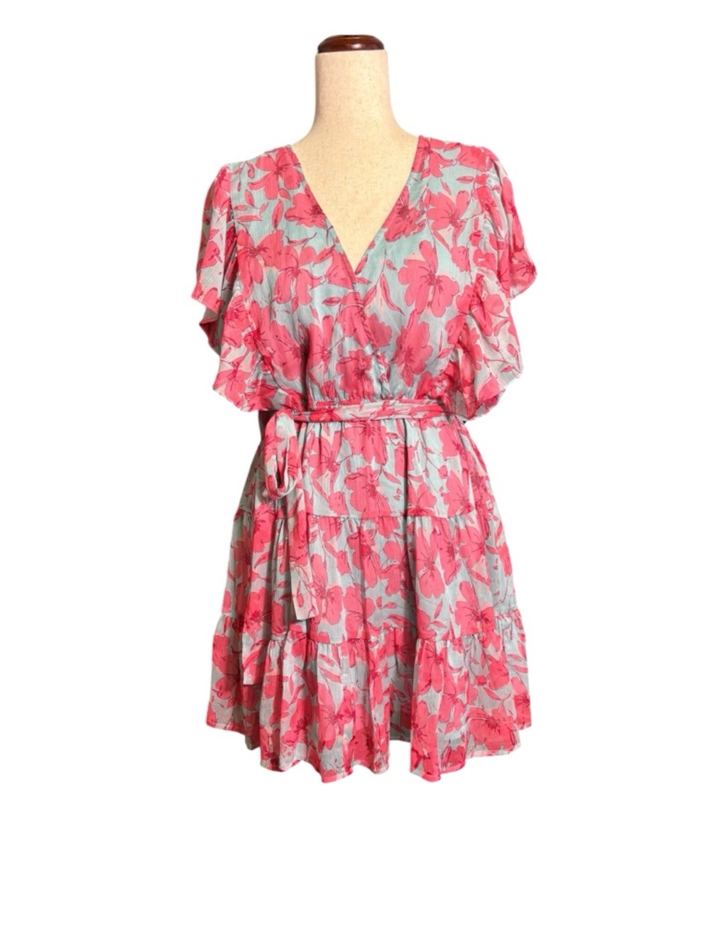 MINKPINK Pink Ruffled Floral V-Neck Tie-Waist Mini Dress Size Large